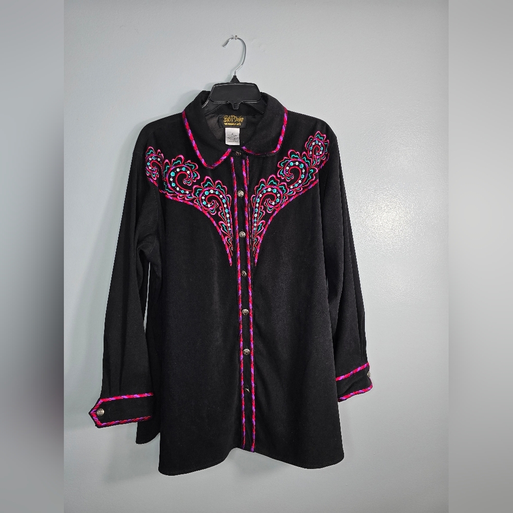Vintage Bob Mackie Black Embroidered Button-Up Shirt